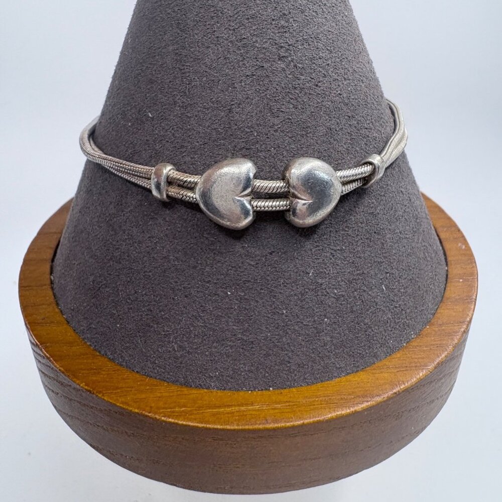 VTG Sterling Silver 925 Heart Double Snake Chain Bracelet Size 7.25" Length